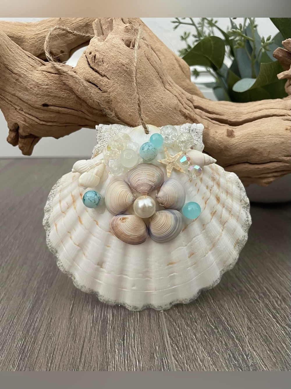 Seashell Ornament Handmade 4.5-5” Beaded Glitter Flower Aquamarine Christmas